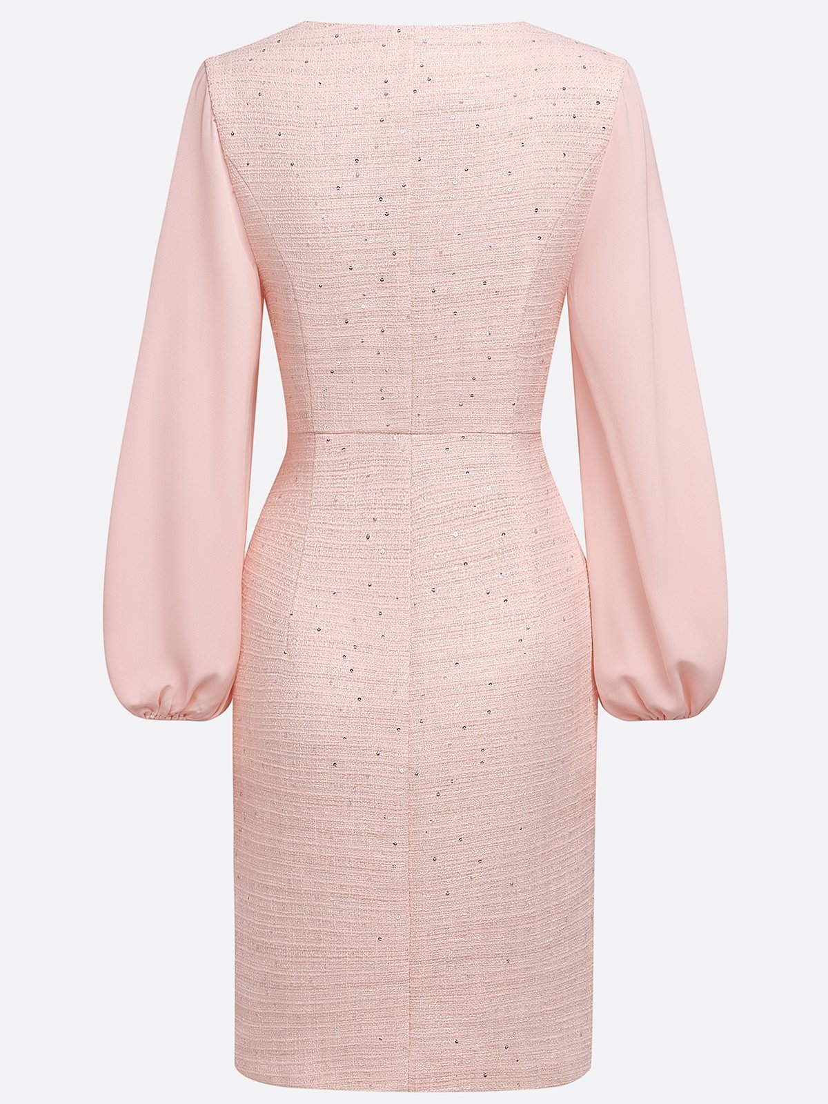 Pink Buckle Tweed V Neck Long Balloon Sleeve Sheath Midi Dress