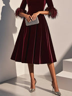 Wine Red Feather-trimmed Velvet Crew Neck Half Sleeve A-Line Midi Dress
