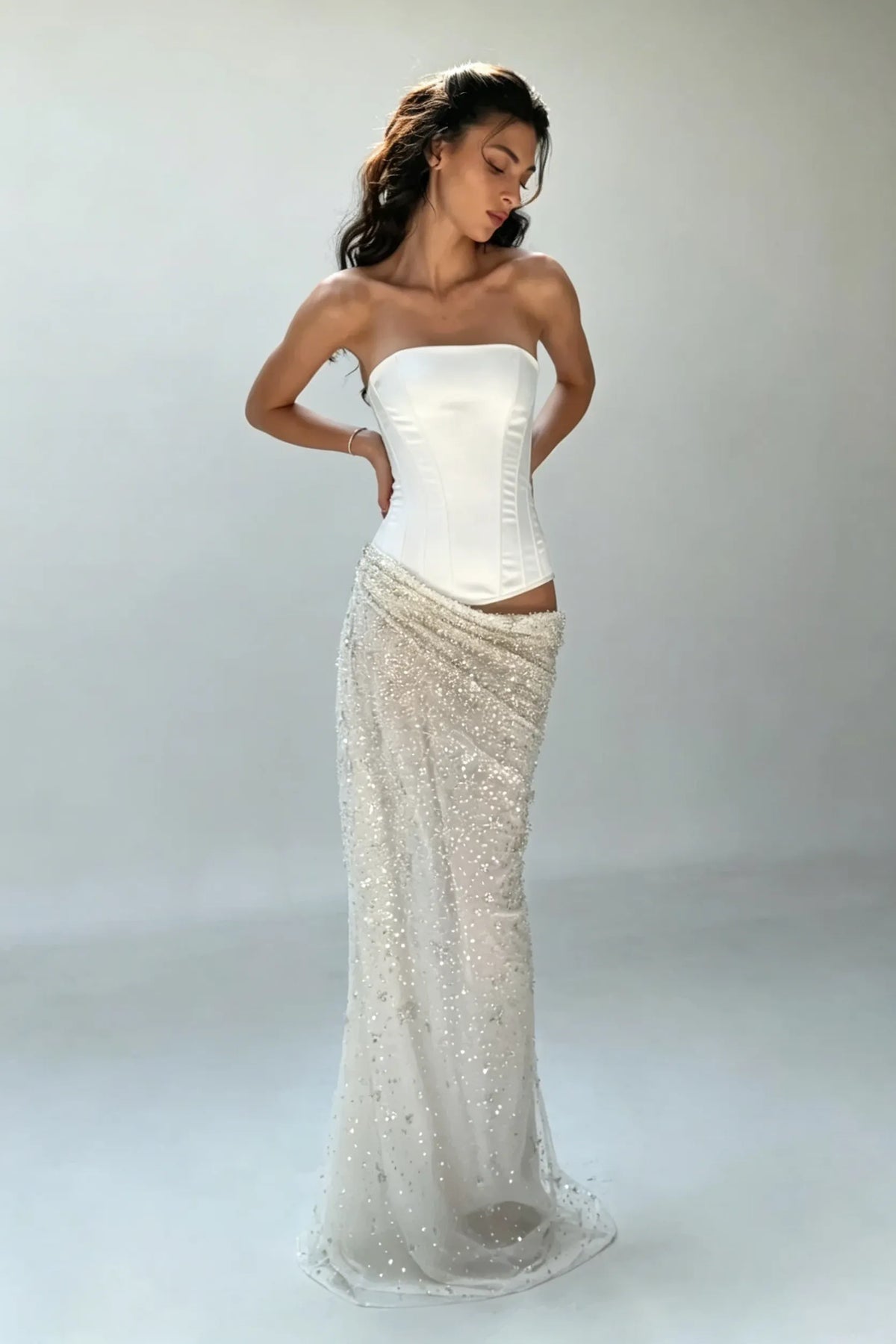 Cocoslly Strapless Sleeveless High Waist Long Mermaid Prom Dress | Creme Yellow Satin And Sequins YC0568