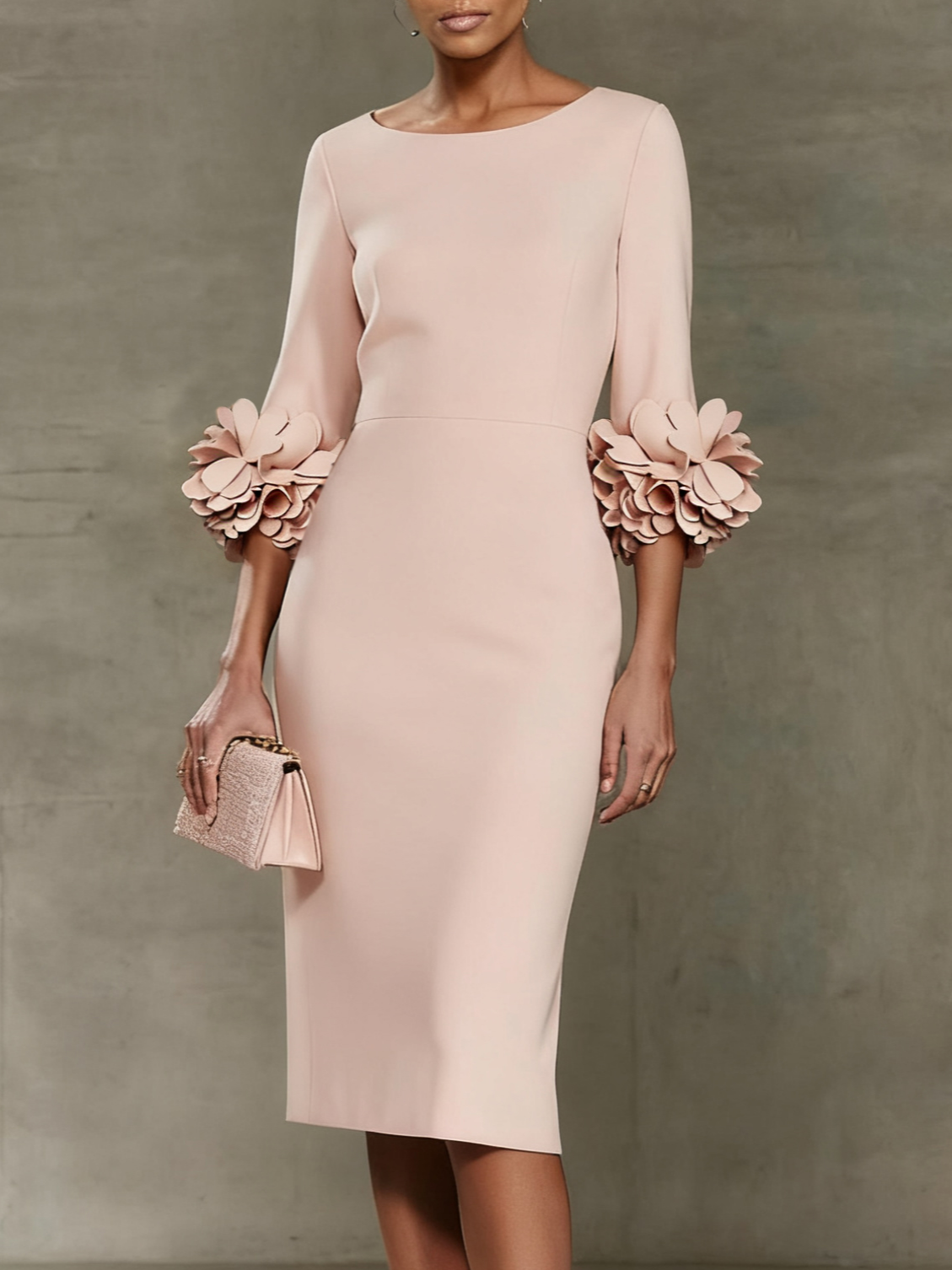 Light Pink 3D Floral Classic Crew Neck Half Sleeve Sheath Midi Dress