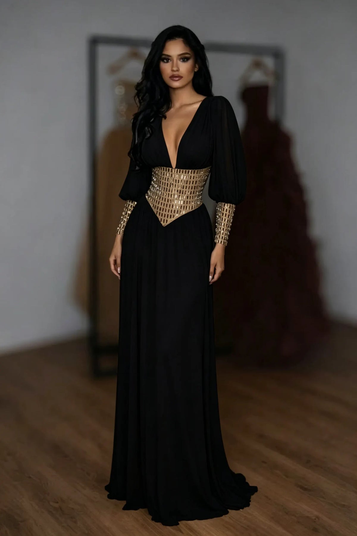 Cocoslly V-Neck Long Sleeves High Waist Long Prom Dress With Rhinstone | White Chiffon LR0373
