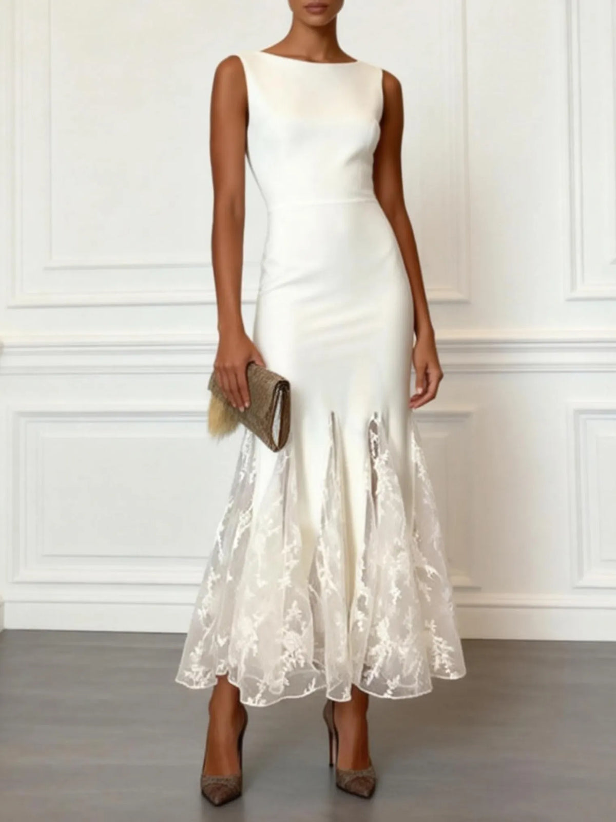 White Lace Boat Neck Sleeveless Mermaid Maxi Dress