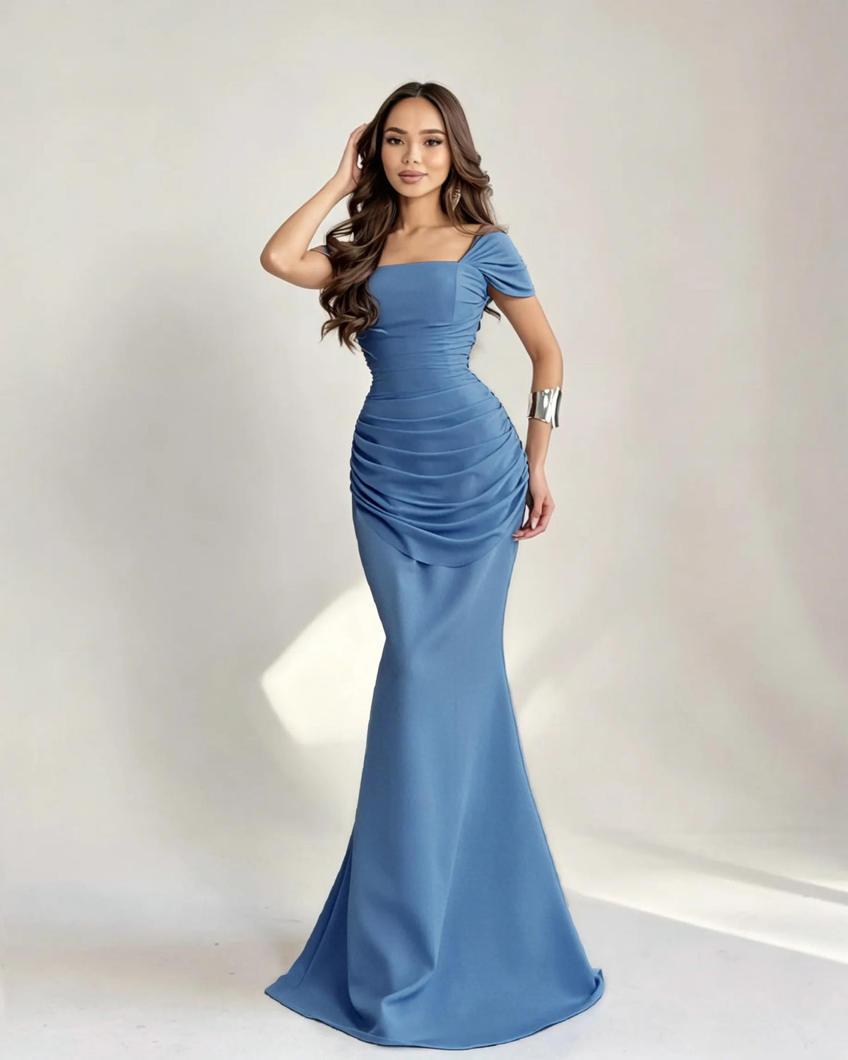 Cocoslly Square Neck Sleeveless High Waist Long Mermaid Prom Dress With Pleated | Burgundy Satin DB0128