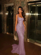 Spaghetti Strap Sleeveless Long Mermaid Prom Dress With Beading YK0285