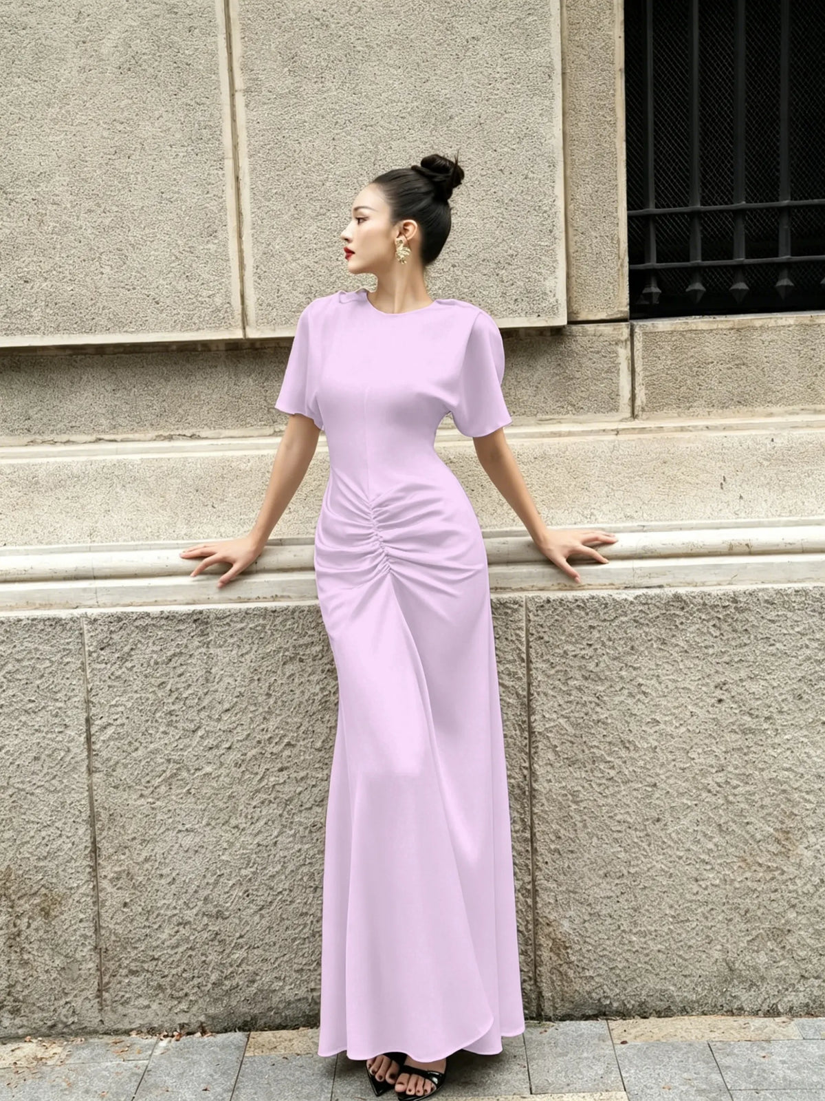 Cocoslly Round Neck Short Sleeves High Waist Long Prom Dress With Pleated | Wine Red Satin DB0023