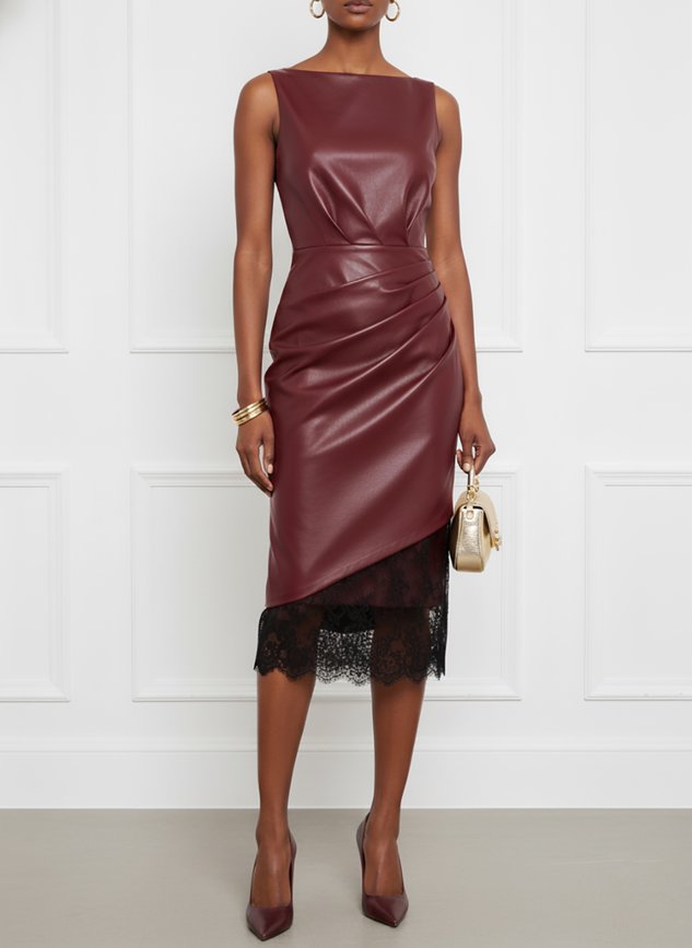 Burgundy Faux Leather Lace Ruched Classic Boat Neck Sleeveless Shift Midi Dress