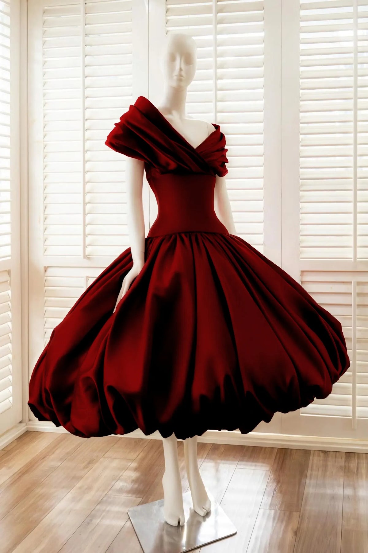 Cocoslly Off-The-Shoulder Sleeveless High Waist Long A Line Prom Dress With Pleated | Red Satin YC0571