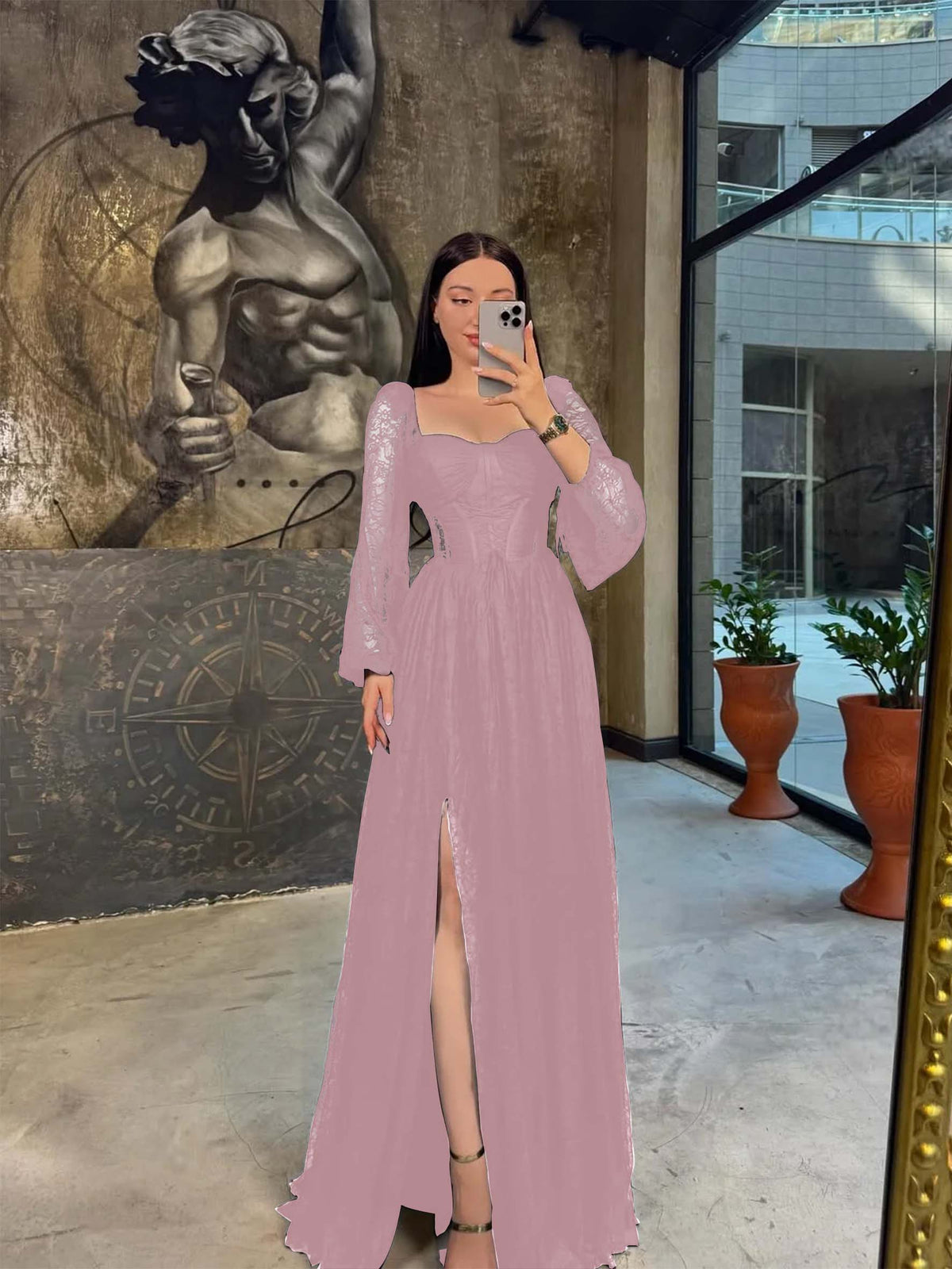 Lace Square Neck  Lantern Long Sleeves Long A-Line Pleated Prom Dress With Split And Corset YK0413