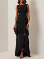 Black Lace Split Joint Classic Boat Neck Sleeveless Mermaid Gown Dress