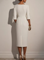 White Faux Pearl Classic Crew Neck Half Sleeve Sheath Midi Dress