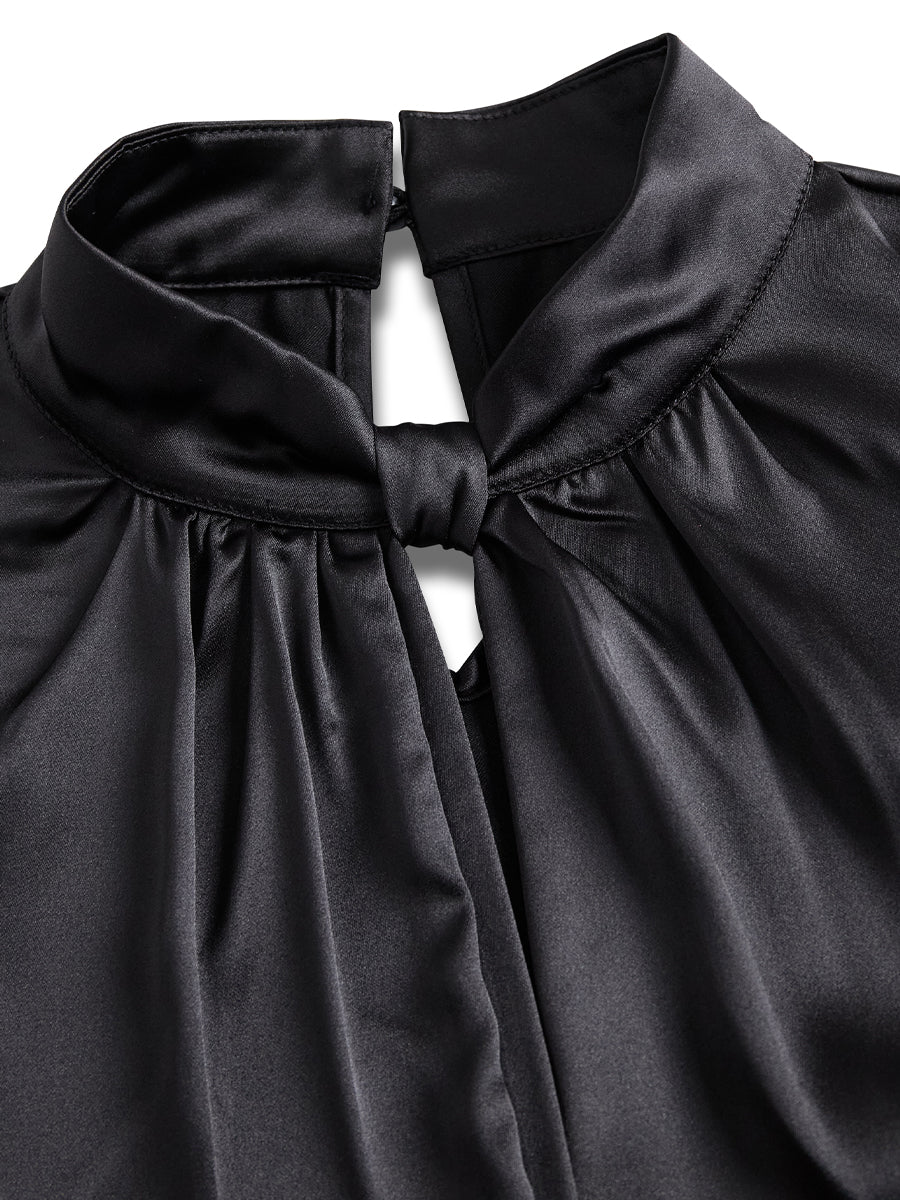 Sophisticated White Satin Blouse with Modern Keyhole Neckline