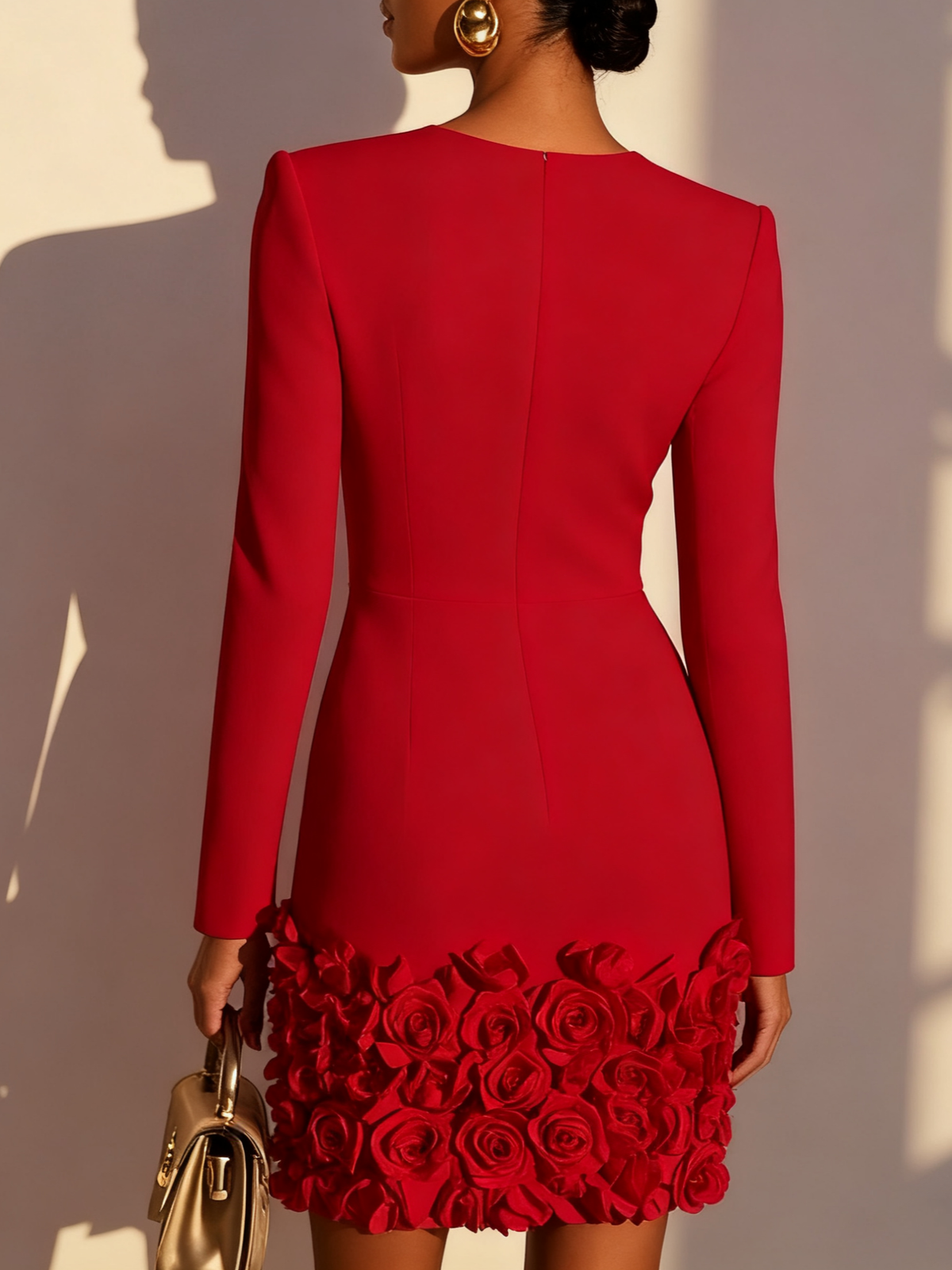 Red 3D Floral Classic V Neck Long Sleeve Sheath Mini Dress