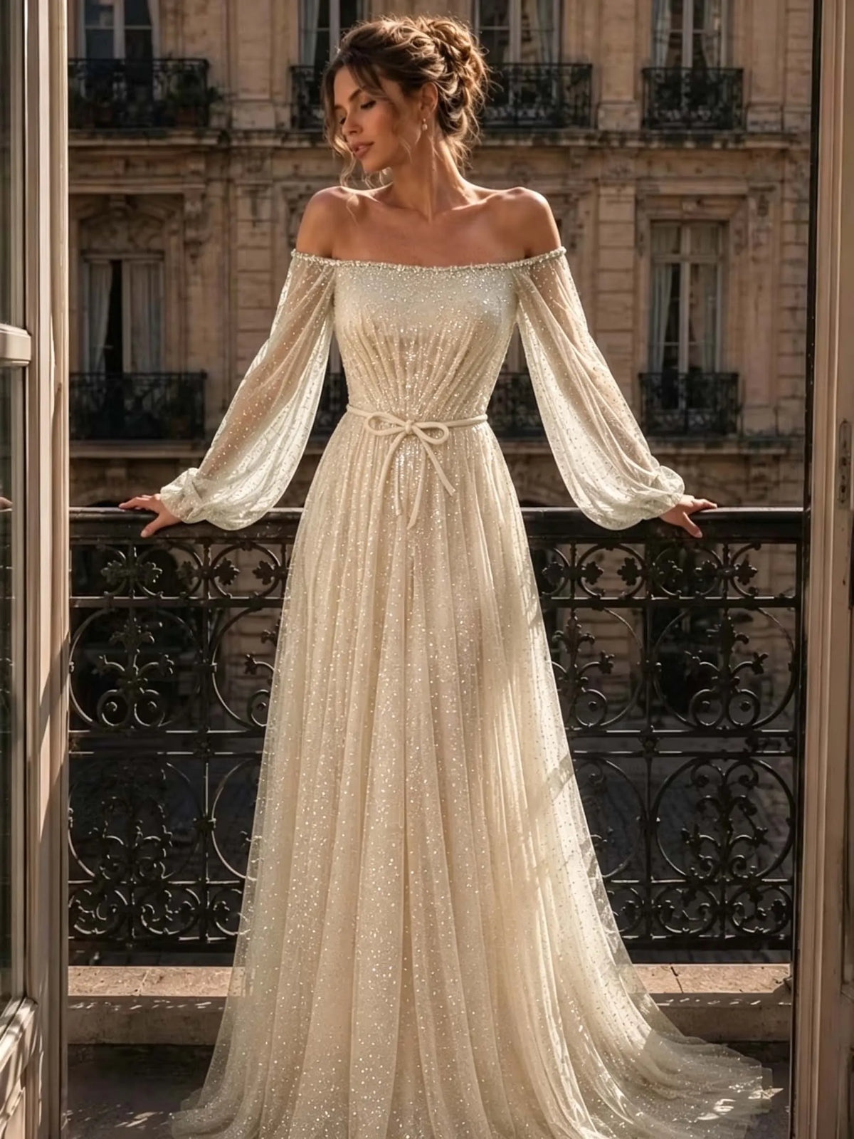Cocoslly Off-The-Shoulder Long Sleeves High Waist Long Prom Dress With Sequins | Mist Mint Green Tulle LX0086
