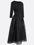 Black Organza Knit Crew Neck Half Sleeve A-Line Midi Dress