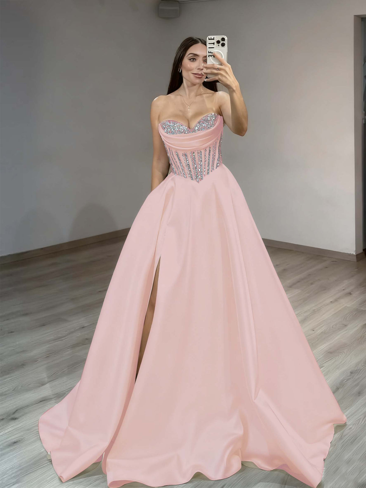 Satin Sweetheart Sleeveless Long Pleated A-Line Prom Dress With Rhinstone And Split YK0584