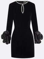 Black 3D Floral Rhinestone Velvet Crew Neck Long Sleeve Sheath Mini Dress