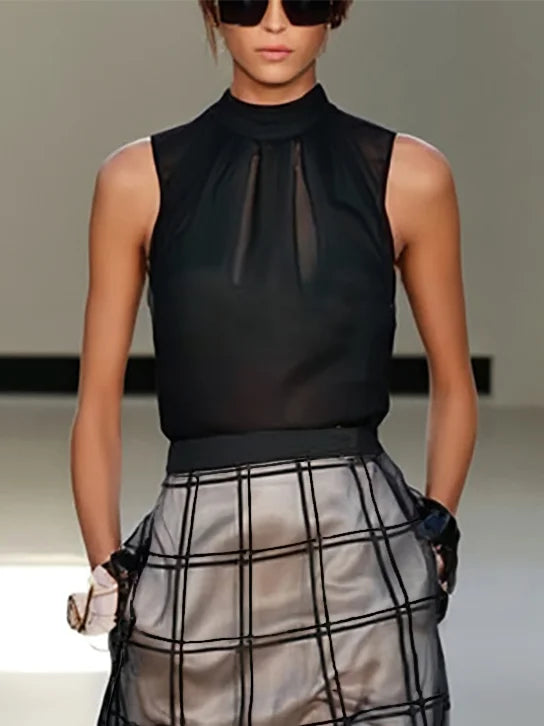 Black Organza Plaid Classic Mock Neck Sleeveless A-Line Midi Dress