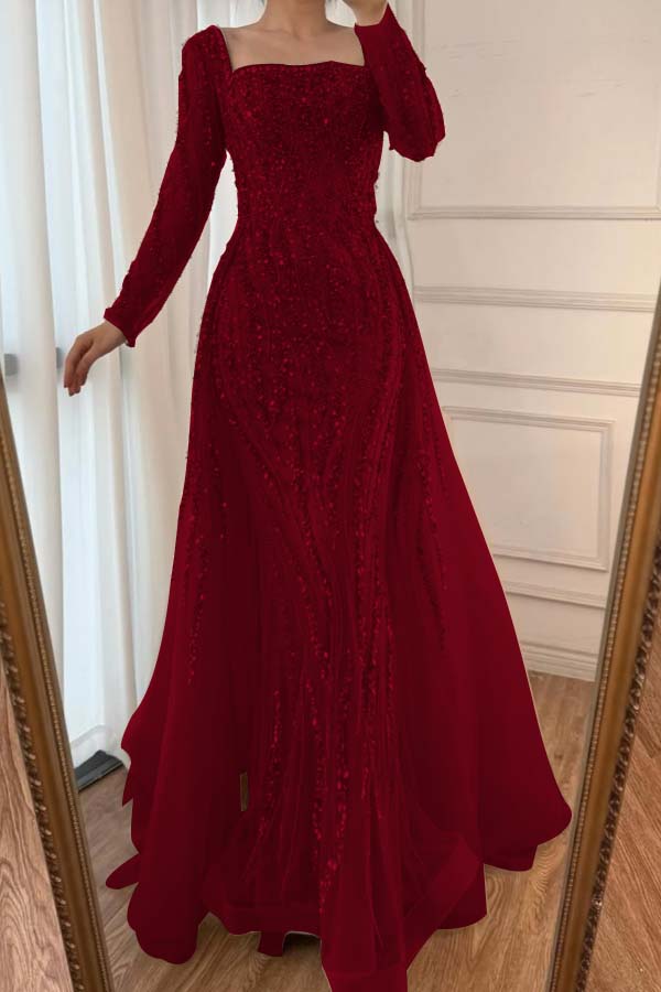 Square Neck Long Sleeves Long Mermaid Prom Dress With Beading Tulle WQ0442