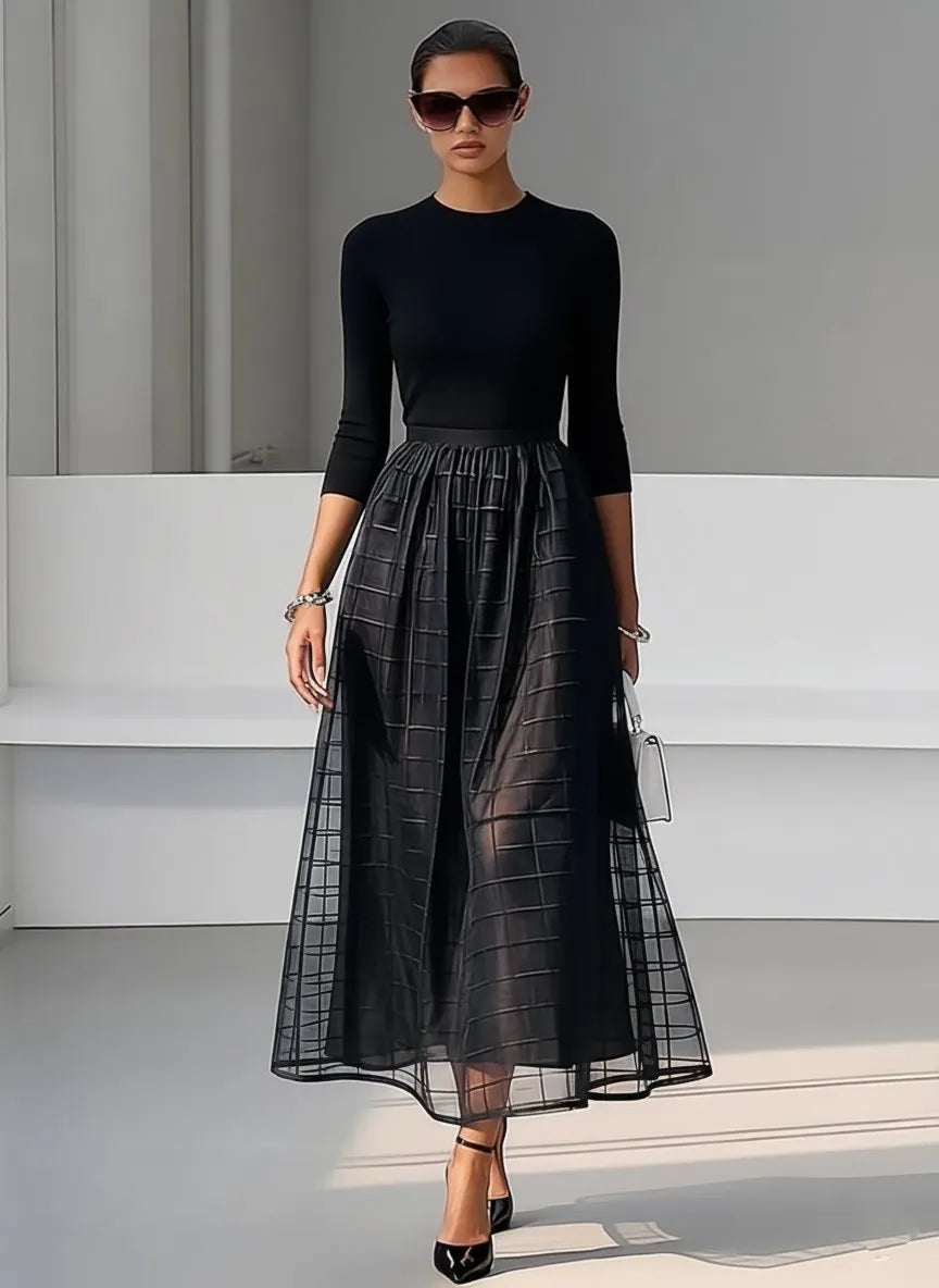 Black Organza Knit Crew Neck Half Sleeve A-Line Midi Dress