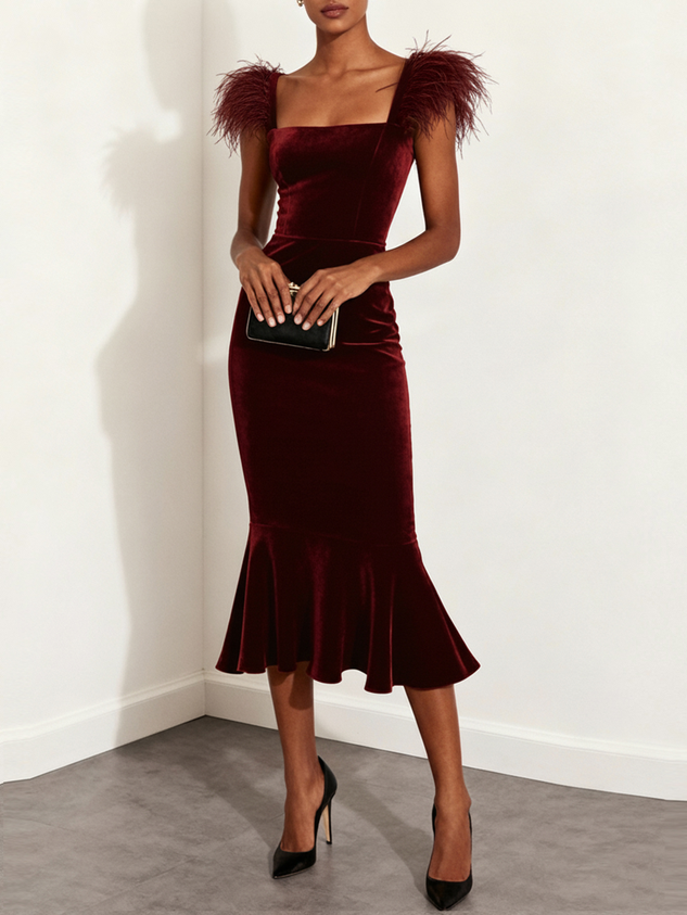 Wine Red Feather Velvet Square Neck Sleeveless Mermaid Midi Dress