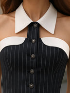 Pinstripe Top With Contrast Collar And Button Front