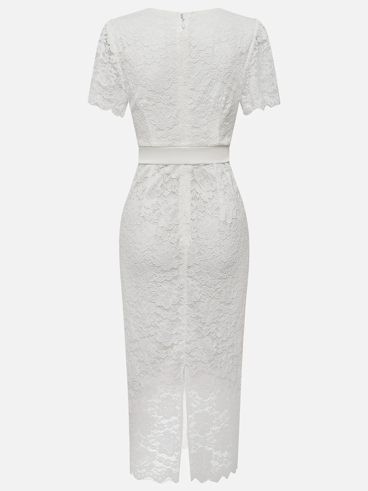 White Bow Lace V Neck Short Sleeve Sheath Midi Dress