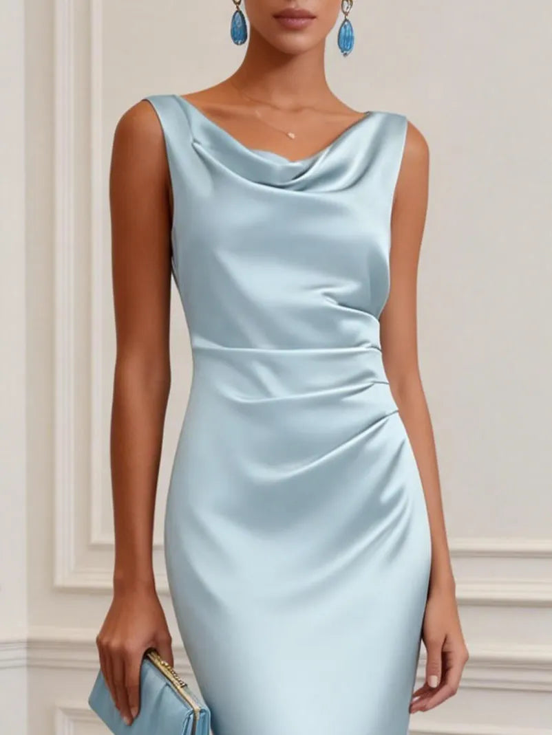 Light Blue Ruched Satin Cowl Neck Sleeveless Mermaid Maxi Dress