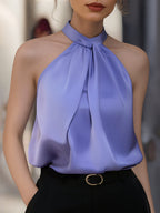 Sophisticated Cross-Neck Gathered Satin Blouse