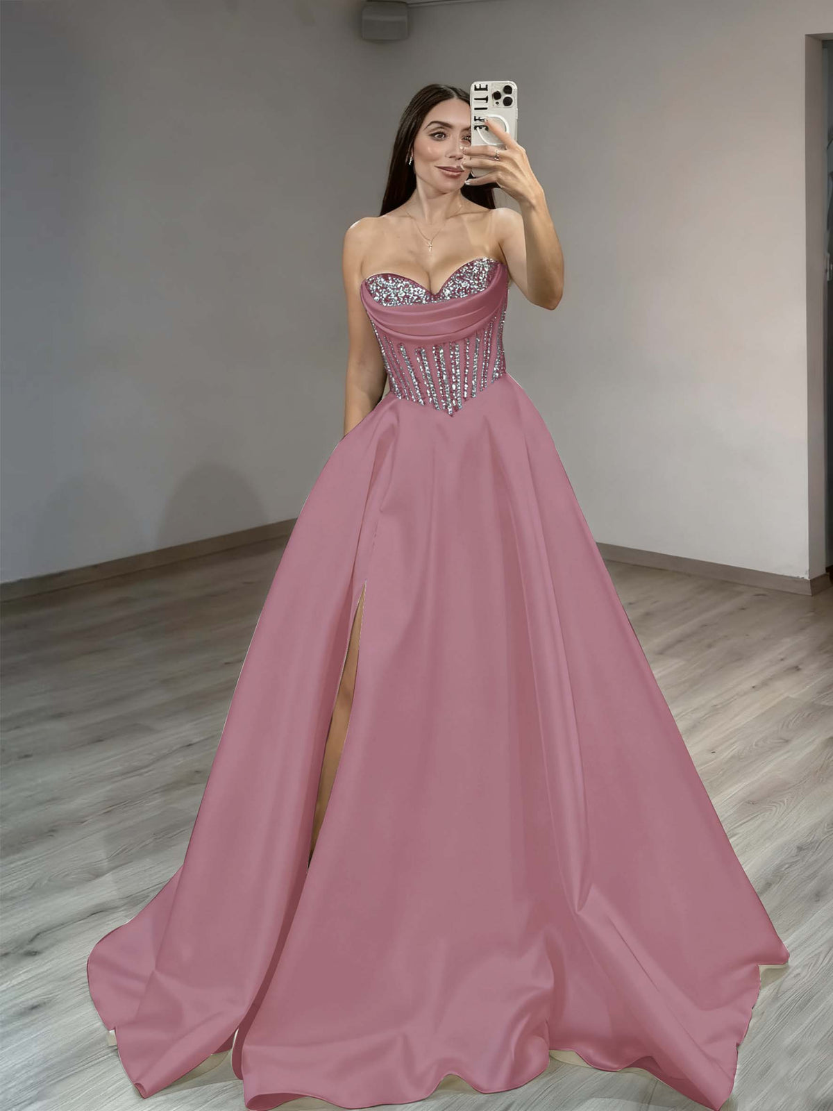 Satin Sweetheart Sleeveless Long Pleated A-Line Prom Dress With Rhinstone And Split YK0584