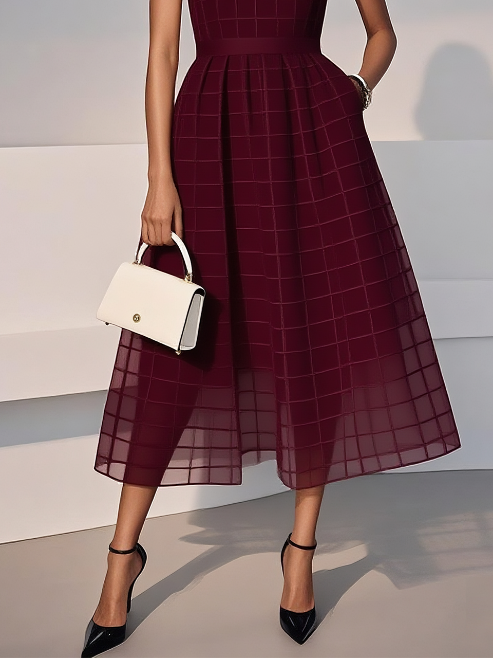 Wine Red Classic Crew Neck Sleeveless A-Line Midi Dress