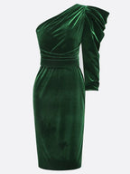 Green One Shoulder Three Quarter Sleeve Sheath Midi Velvet Dress