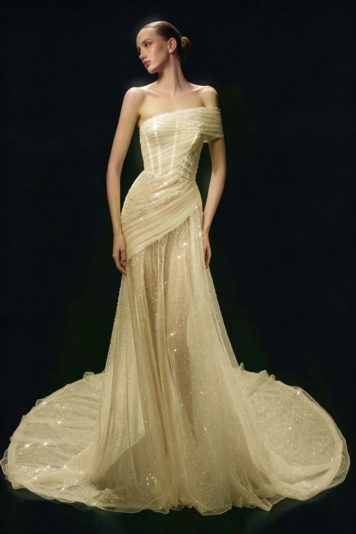 Cocoslly One Shoulder Sleeveless High Waist Long Prom Dress With Sequins | White Tulle YC0569