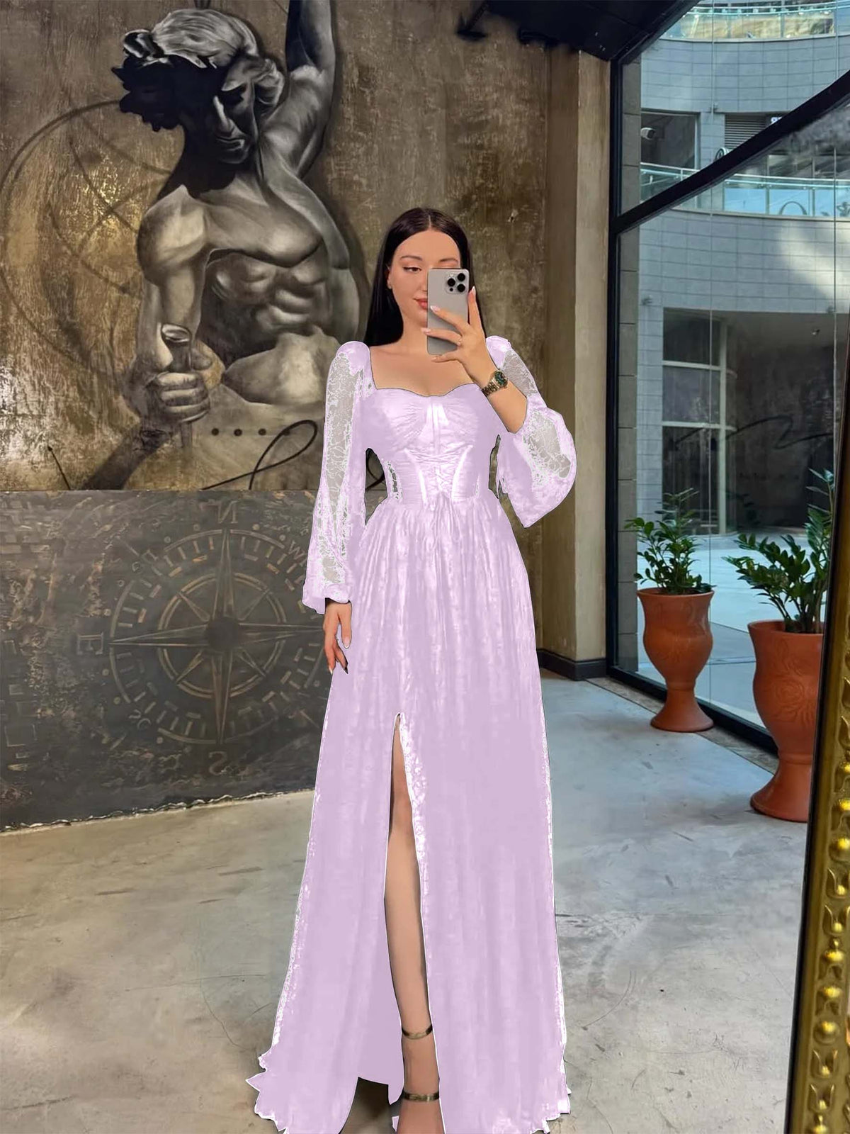 Lace Square Neck  Lantern Long Sleeves Long A-Line Pleated Prom Dress With Split And Corset YK0413