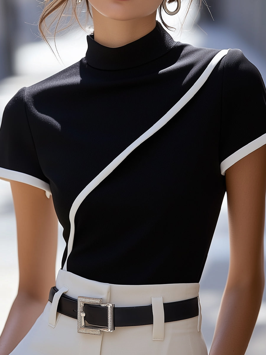Elegant Black High-Neck Top with White Trim