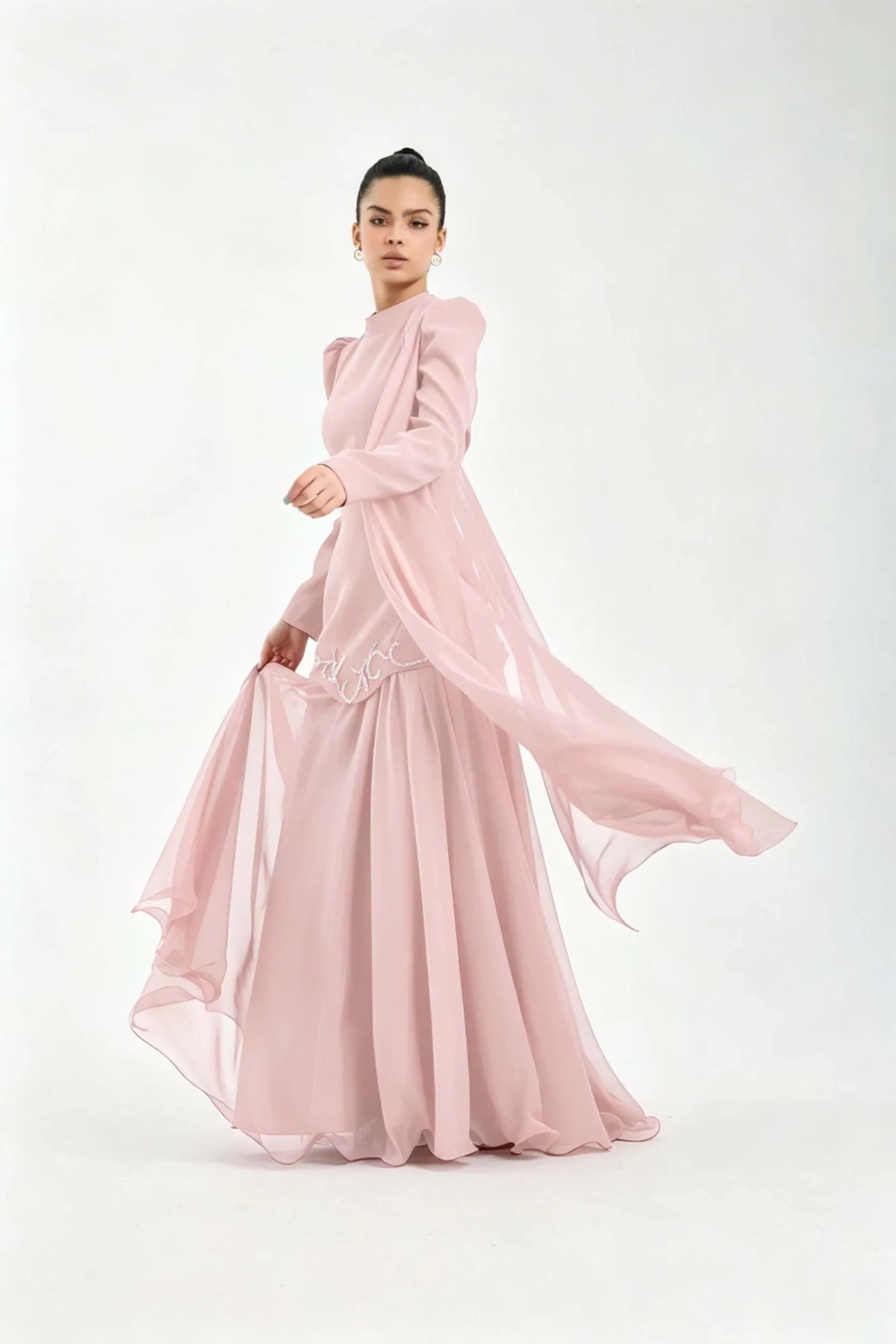 Cocoslly High Neck Long Sleeves High Waist Long Prom Dress With Rhinstone | Cabemet Chiffon LR0407