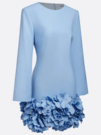 Light Blue 3D Floral Classic Crew Neck Bell Long Sleeve Shift Mini Dress