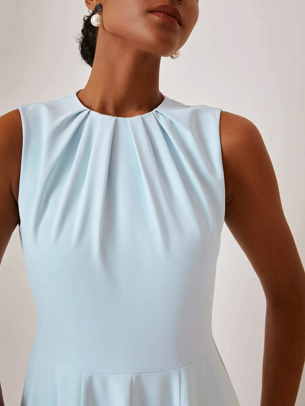 Blue Ruched Crew Neck Sleeveless A-Line Midi Dress