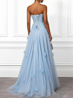 Light Blue 3D Floral Ruched Tulle Strapless Sleeveless A-Line Gown Dress