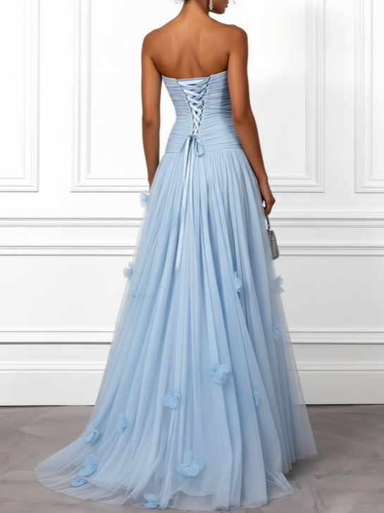 Light Blue 3D Floral Ruched Tulle Strapless Sleeveless A-Line Gown Dress