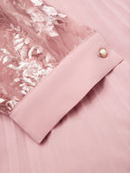 Pink Pleated Lace V Neck A-Line Midi Chiffon Dress