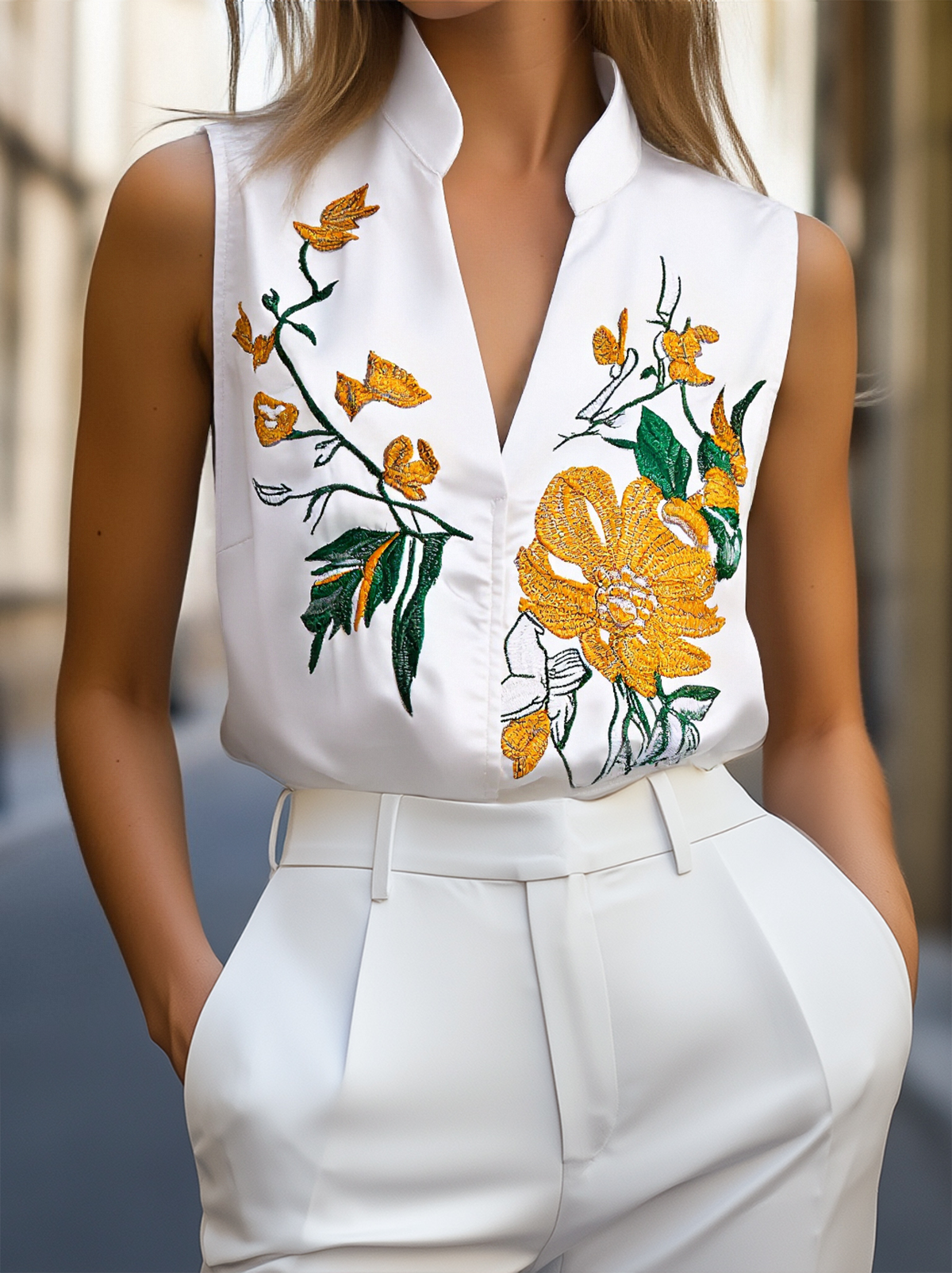 Sleeveless Blouse with Yellow Floral Embroidery