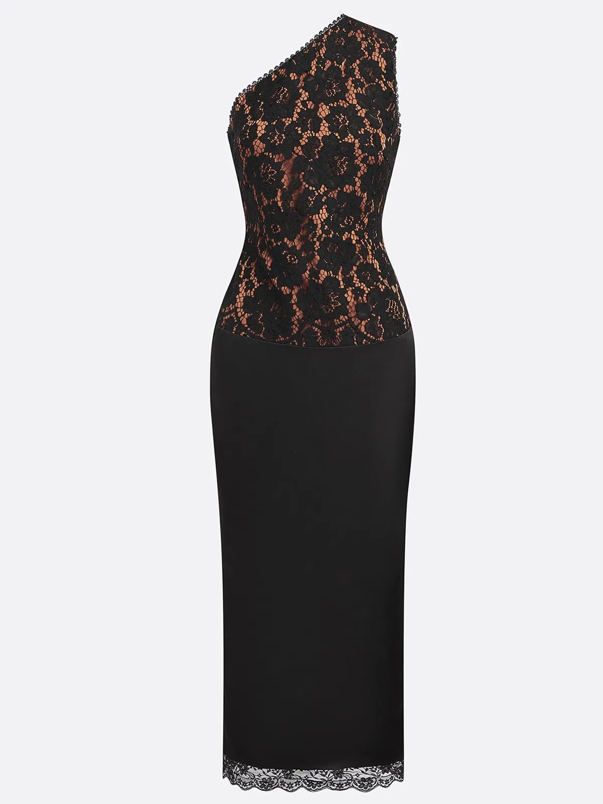 Black Lace One Shoulder Sleeveless Sheath Maxi Dress