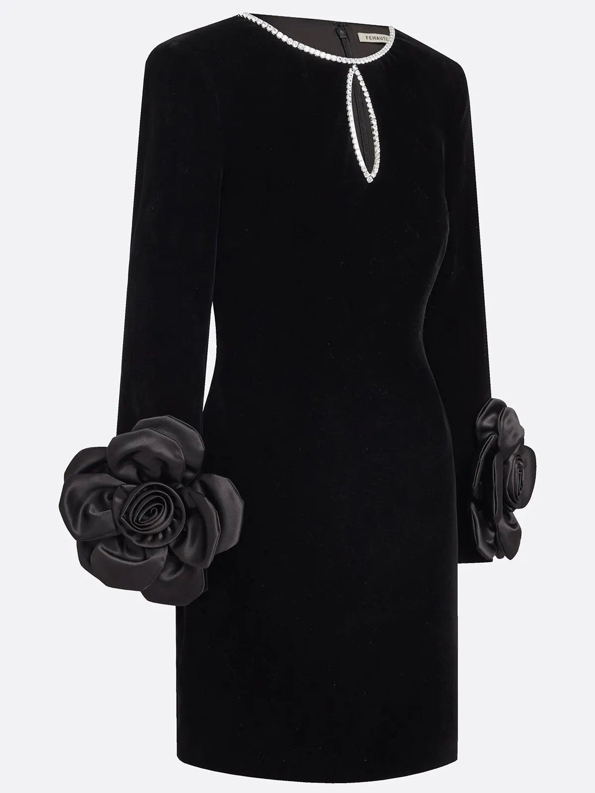 Black 3D Floral Rhinestone Velvet Crew Neck Long Sleeve Sheath Mini Dress