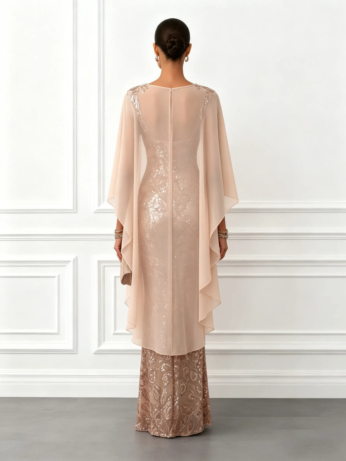 Champagne Glitter Sequin Crew Neck Cap Sleeve Sheath Floor-length Gown Dress