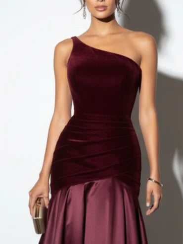 Burgundy Satin Ruched Split Joint Velvet One Shoulder Sleeveless A-Line Gown Dress