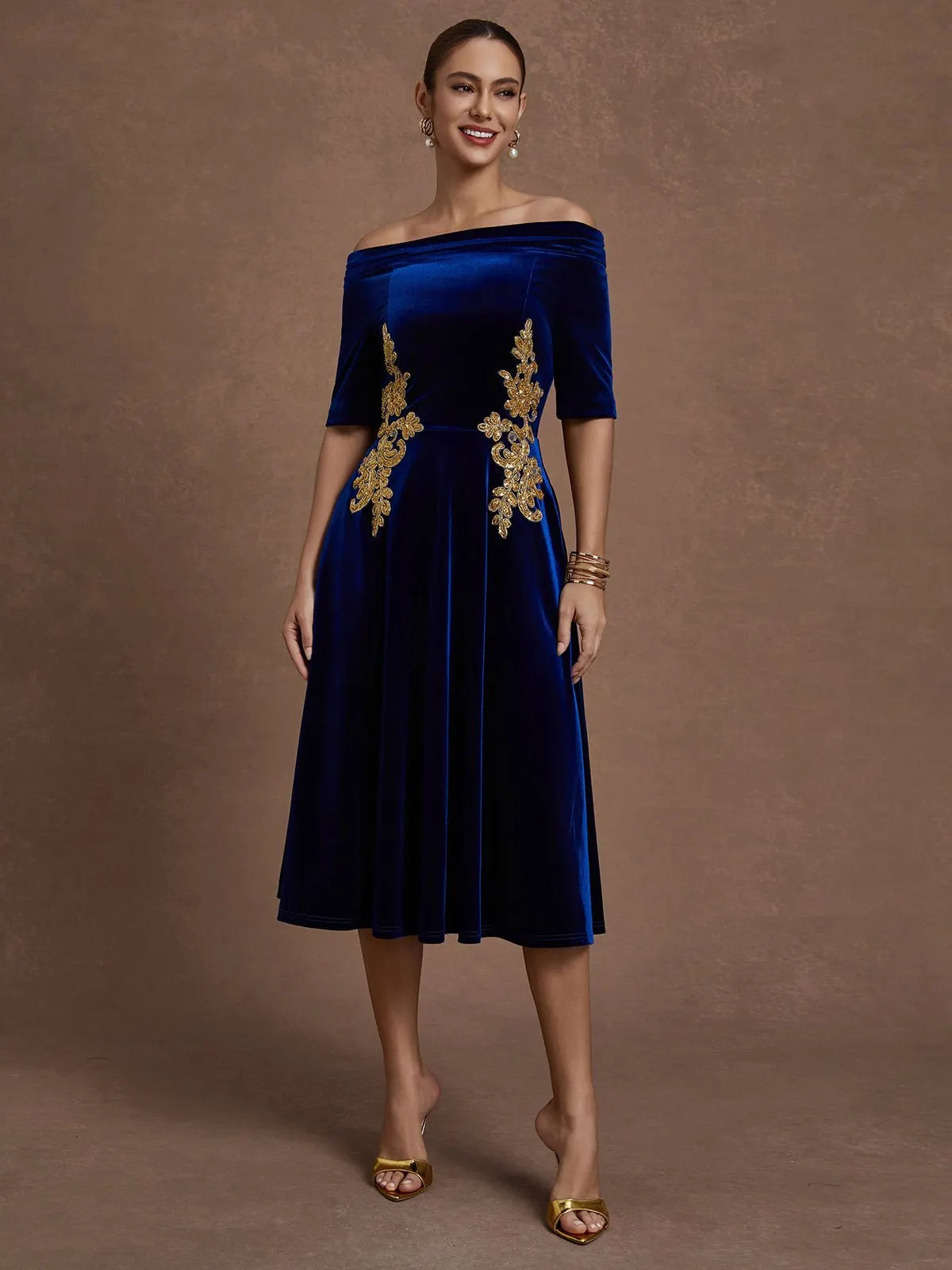 Deep Blue Applique Gathered Velvet Off The Shoulder Half Sleeve A-Line Midi Dress