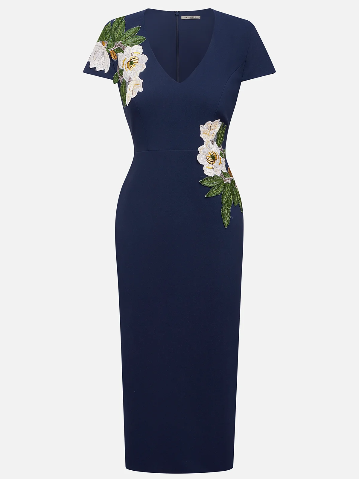Purplish Blue Embroidery Applique Sheath Midi Dress