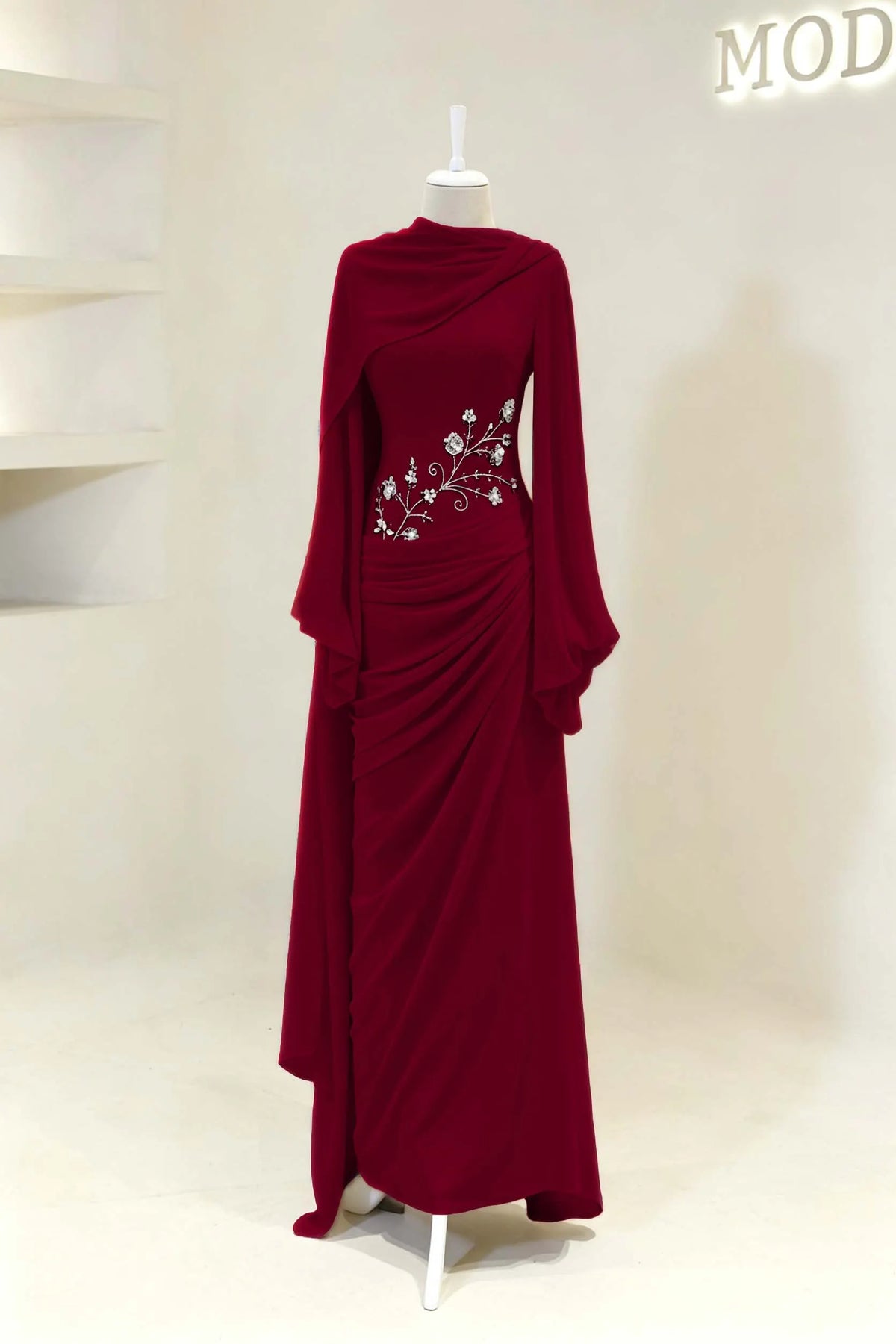 Cocoslly Long Sleeves High Waist Long Prom Dress With Pleated And Beading Pearls | Cabemet Chiffon ZA0710