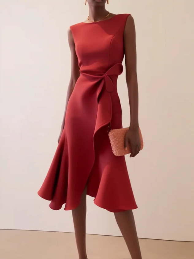 Red Asymmetric Ruffled Cotton Boat Neck Sleeveless A-Line Midi Dress