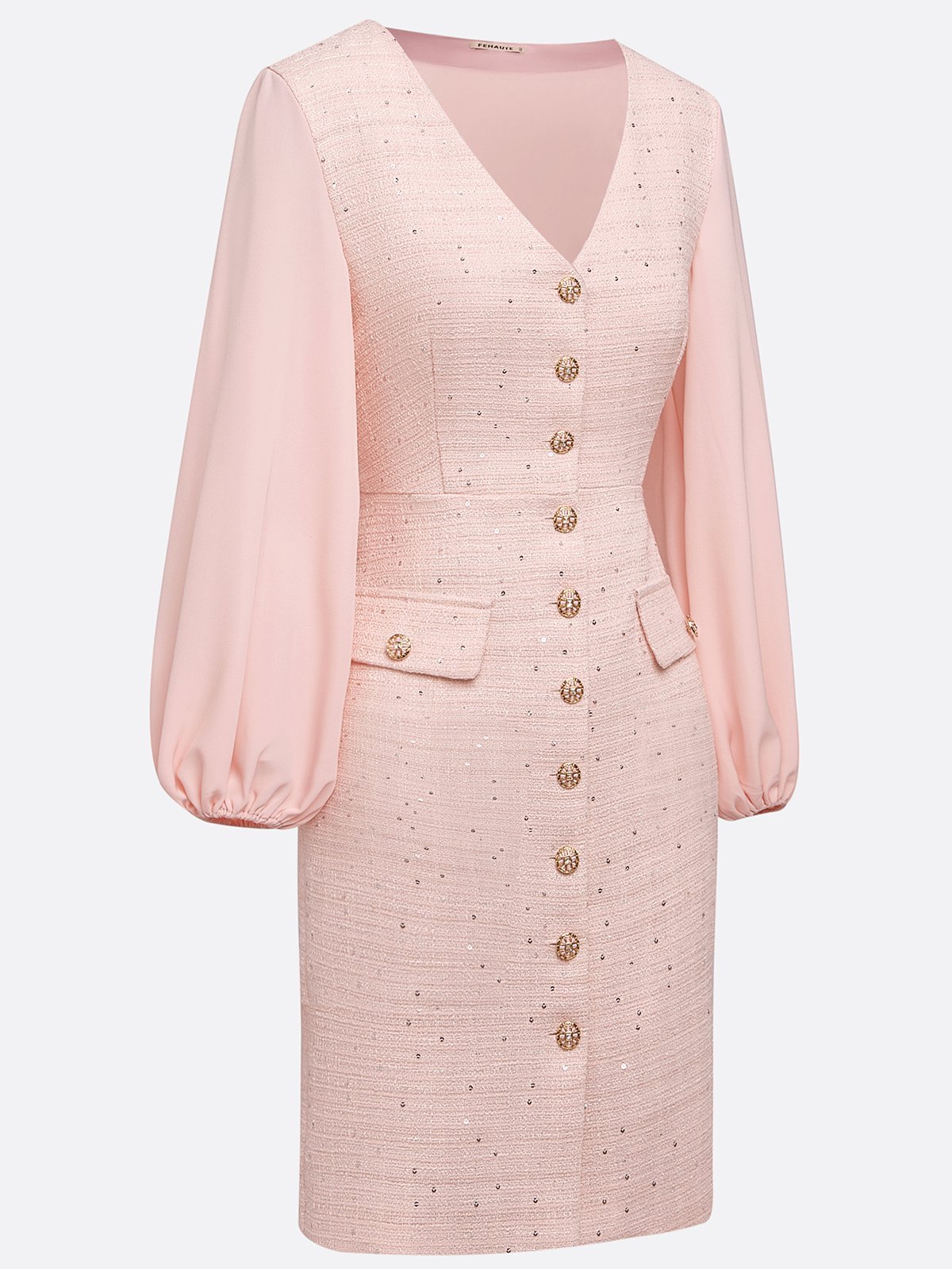 Pink Buckle Tweed V Neck Long Balloon Sleeve Sheath Midi Dress